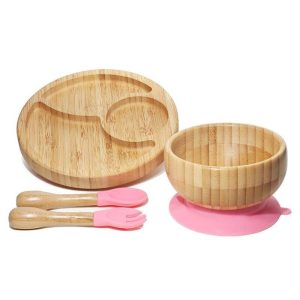Wooden Baby Feeding Set with Silicone Suction and Animal Patterns