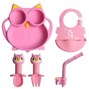 Adorable Silicone Baby Tableware Set - Cartoon Themed Plates, Bowls, Spoon, Fork for Infants and Toddlers 0-6 Years
